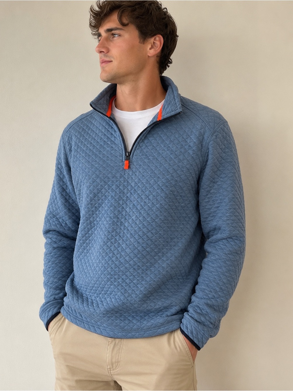 J. Crew Quilted Half-Zip Sweater in Slate Blue with Orange Trim